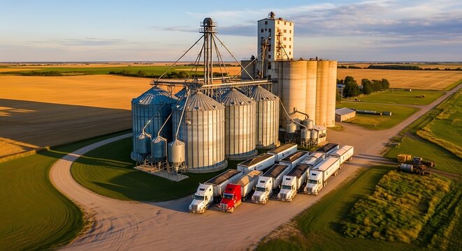 Industrial grain elevator facility with silver silos, semi trucks parked at agricultural storage plant, sunset farm