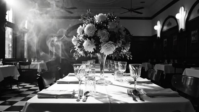 Black and white shot of an elegant dining table set with white tablecloth, silverware, and floral centerpiece in a restaurant.