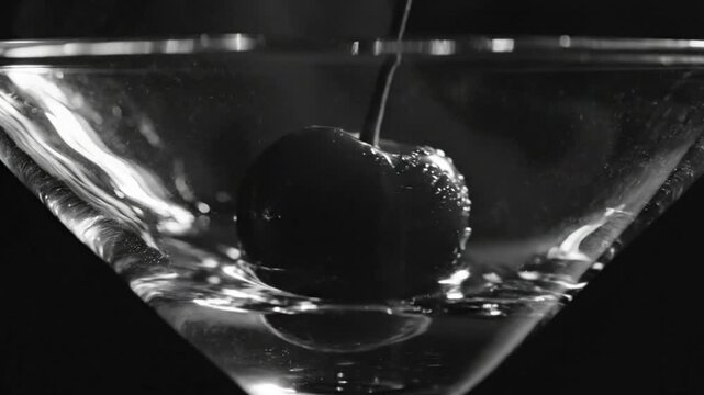 Black and white close-up of a cherry being dropped into a classic martini glass with liquid and reflections