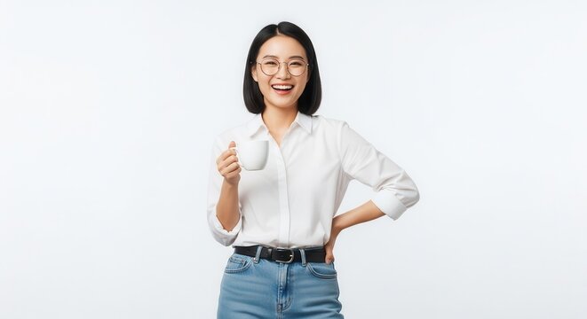 Young Asian woman smiles while holding a white coffee cup against a plain background.
