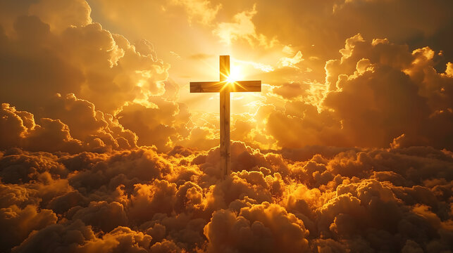 Christianity, cross, sky, God, background. A shining cross against a golden sunny sky. A large wooden or gold cross standing alone in an open field or floating in the clouds.