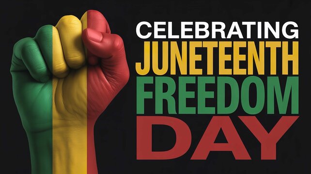 A raised fist painted in the colors of the Juneteenth flag with the words Celebrating Juneteenth Freedom Day