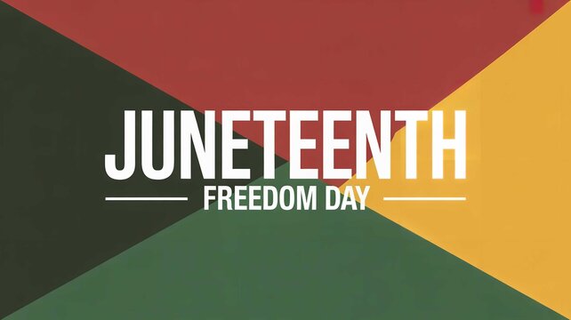A colorful graphic design celebrating Juneteenth Freedom Day with a bold typography and geometric shapes