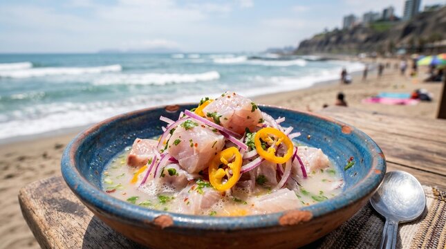 Fresh ceviche bowl served by the beach on a sunny coast