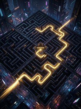 Futuristic maze with glowing path leading to knowledge