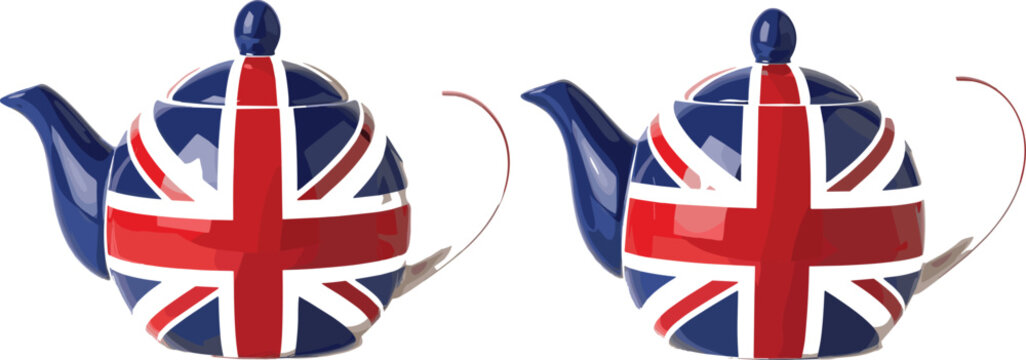 Union Jack teapot illustration British tea culture symbol with UK flag design traditional England teapot vector set
