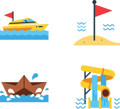 Water sports and beach activity illustration set with speed boat, beach flag, water slide and paper boat vector summer recreation icons