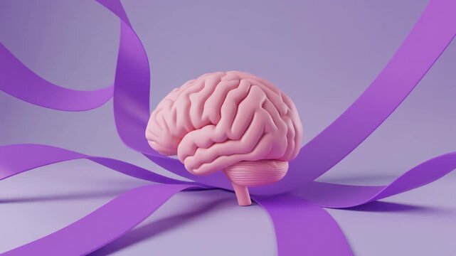 Realistic 3D human brain on smooth purple surface, flowing ribbons encircle, gradient background, artistic anatomy, cognition, creativity, mental health awareness, cinematic surreal visualization, emo
