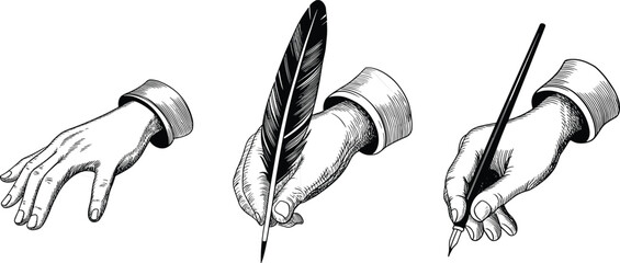 Detailed black and white illustration of hands holding quill pen, modern pen, and open palm gesture in vintage engraving style © Mukta