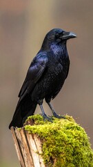 Naklejka premium Portrait of a Black Common Raven with Iridescent Feathers Perched on a Mossy Tree Stump