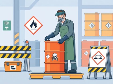 Construction Worker Manages Hazardous Materials and Follows Safety Protocols at Construction Site With Visible Warning Signs
