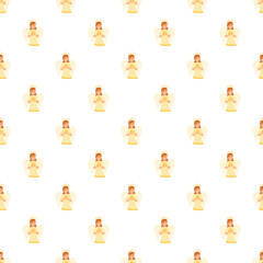 Fototapeta premium Cute cartoon angels with halos and wings creating a religious seamless pattern