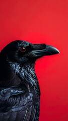 Naklejka premium Mystical Portrait of a Black Raven with a Glowing Red Eye on a Solid Crimson Background