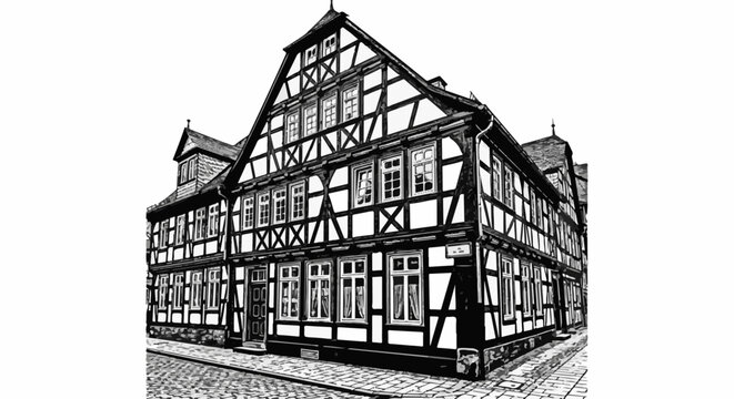 Black and white illustration of a traditional half-timbered building on a cobblestone street