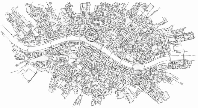 Black and white sketched map of a dense city with a river running through it