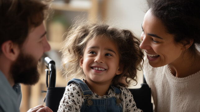 Child in wheelchair with parents smiling together, warm family support, love, care and inclusive parenting lifestyle at home.
