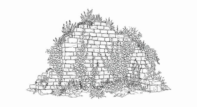 Crumbling stone wall overgrown with lush green foliage and plants