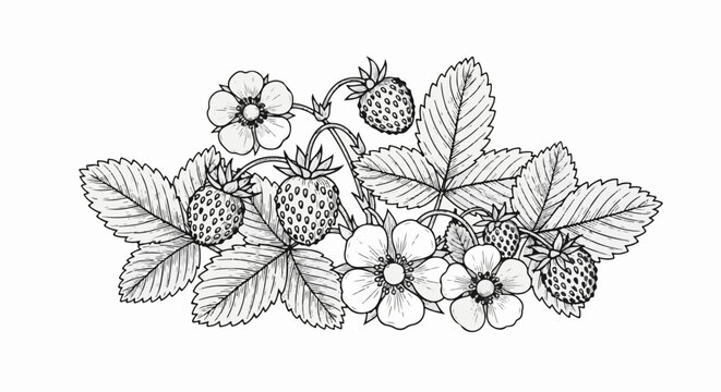 Detailed black and white illustration of ripe strawberries with leaves and blossoms
