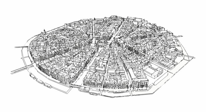 Detailed isometric sketch of an old walled city with intricate buildings and waterways