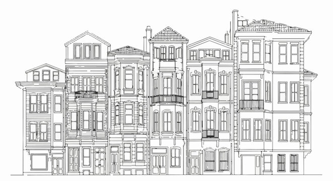 Detailed line drawing of an urban street scene featuring ornate multi-story buildings