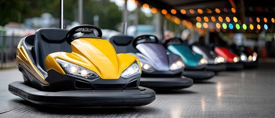 Naklejka premium Bright yellow bumper car stands in front of colorful lineup, showcasing vibrant amusement park fun during lively fair atmosphere at night