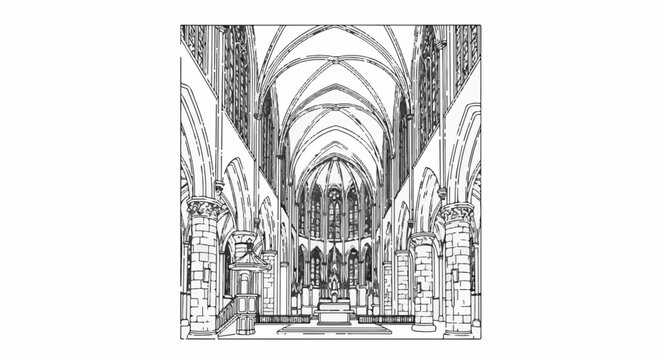 Interior view of a grand gothic cathedral with vaulted ceilings and stained glass windows