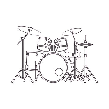 Line drawing of a drum kit featuring cymbals bass drum and tom toms