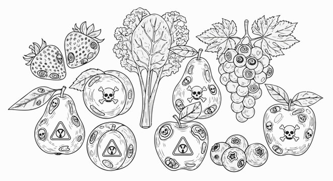 Line art depicts fruits and vegetables with hazardous symbols and skulls