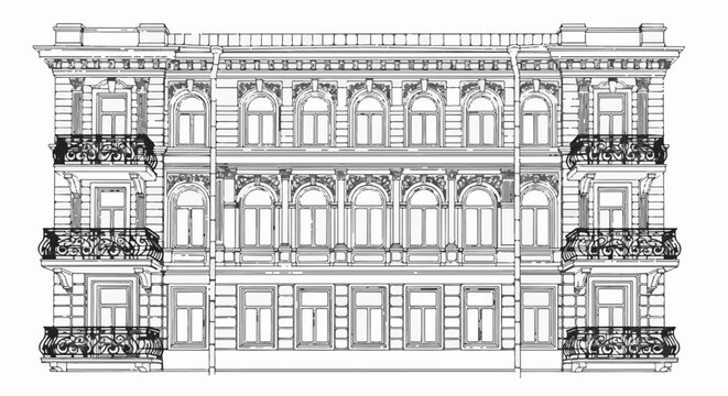 Ornate multi-story building facade with balconies and arched windows