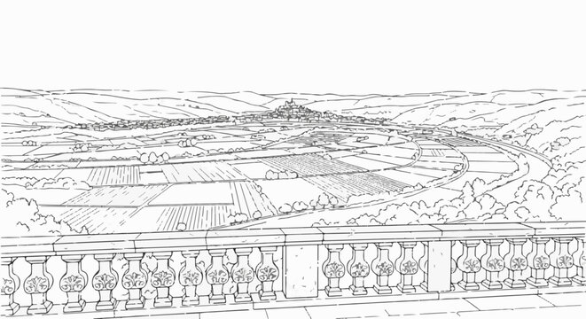 Ornate railing overlooks patchwork of rural fields and distant village