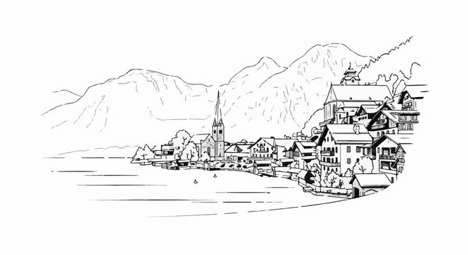 Pen-and-ink sketch of a lakeside village nestled by mountains