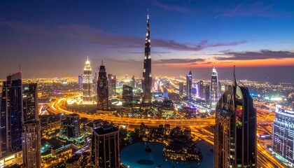 Fototapeta premium Aerial view of a modern cityscape at dusk. Lit buildings and highways reflect colorful lights against a twilight sky