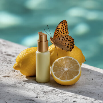 Butterfly perched on lemon with cosmetic bottle, fresh citrus, summer skincare, natural beauty, outdoor poolside scene