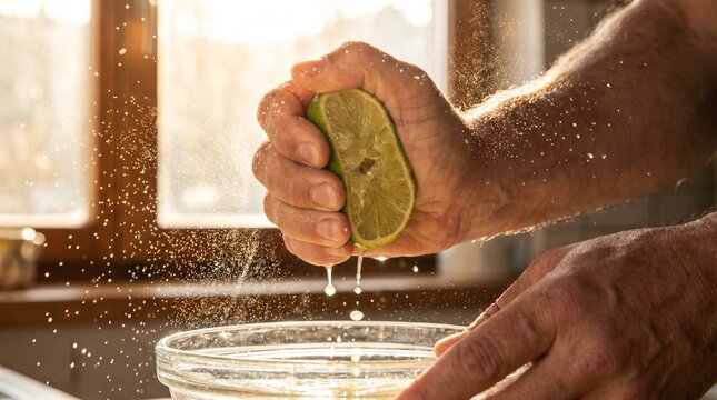 Hand squeezing fresh lime with mist of essential oils and juice