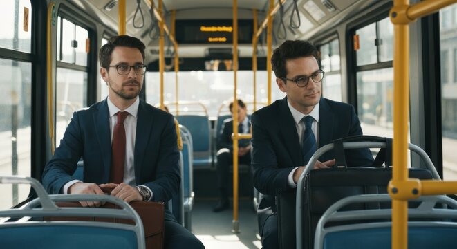 Two suited men on a public bus, glancing out the windows
