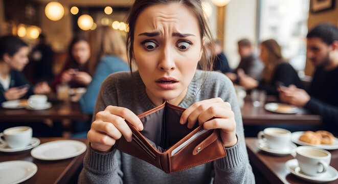 Woman holding empty brown leather wallet.