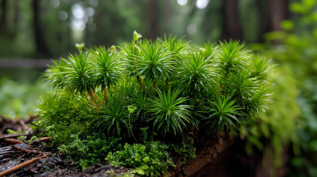 Polytrichum moss clusters grow in intricate star-shaped patterns on a damp, decaying log, highlighting the delicate beauty of small forest plants within a shaded and humid woodland setting.