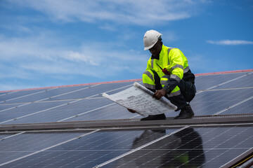 Service engineer inspecting rooftop solar panels for maintenance and damage, technician installing photovoltaic system, clean energy concept. © NewSaetiew