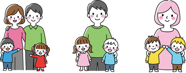 Obraz premium Cartoon Family Character Vector Set with Parents and Children in Cheerful Domestic Scenes for Educational, Lifestyle, and Social Design Projects