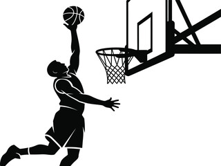 Basketball player silhouette jumping slam dunk layup toward hoop basket, dynamic action sport athlete game concept vector © jamiul