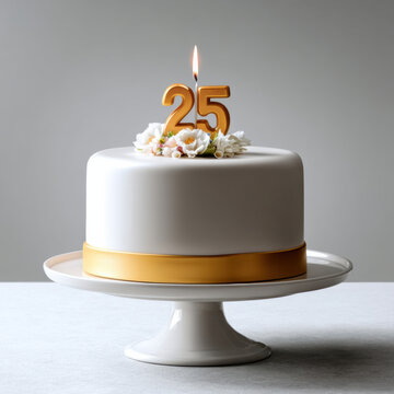 Elegant white birthday cake with gold ribbon, floral decoration, and lit 25 candle on cake stand, celebrating milestone anniversary