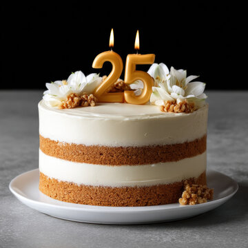 25 candle birthday cake white flower walnut layer celebration dessert sweet creamy round plate