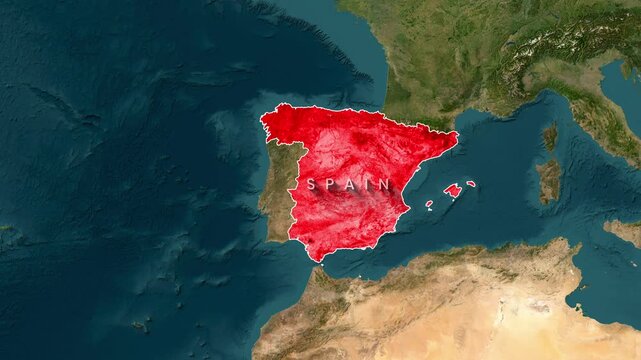 Spain and Portugal are highlighted on an animated geographical world map