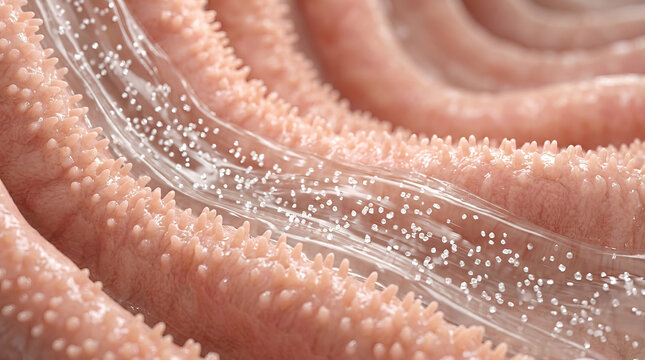 Nutrient absorption concept showing intestinal villi and microvilli with particles passing through membrane for effective digestion and health support in human body