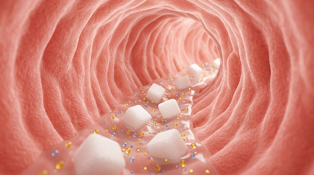Nutrient absorption process inside intestine with sugar cubes and particles flowing through pink textured intestinal wall showing digestive system function and healthy metabolism