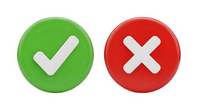 A green button with a white checkmark and a red button with a white X are shown side by side on a transparent background.