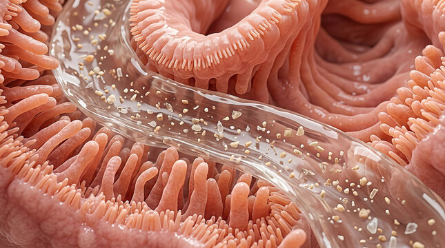 Intestine villi close up showing nutrient absorption and risk factors related to diabetes with detailed texture and healthy digestive system illustration
