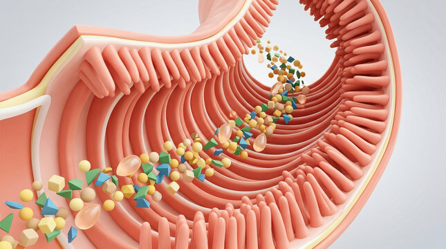 Diabetes risk concept showing colorful pills and capsules flowing through intestinal villi representing medication absorption and digestive health impact