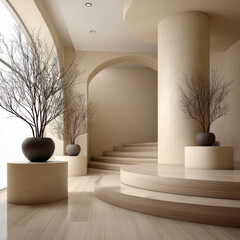 Naklejka premium Minimalist architectural studio interior with curved staircase, beige walls, large columns, potted dry branches, natural light