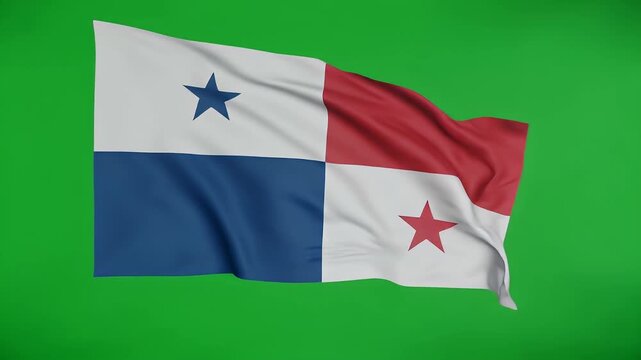 Waving Panamanian flag on green screen with white, blue, red and stars